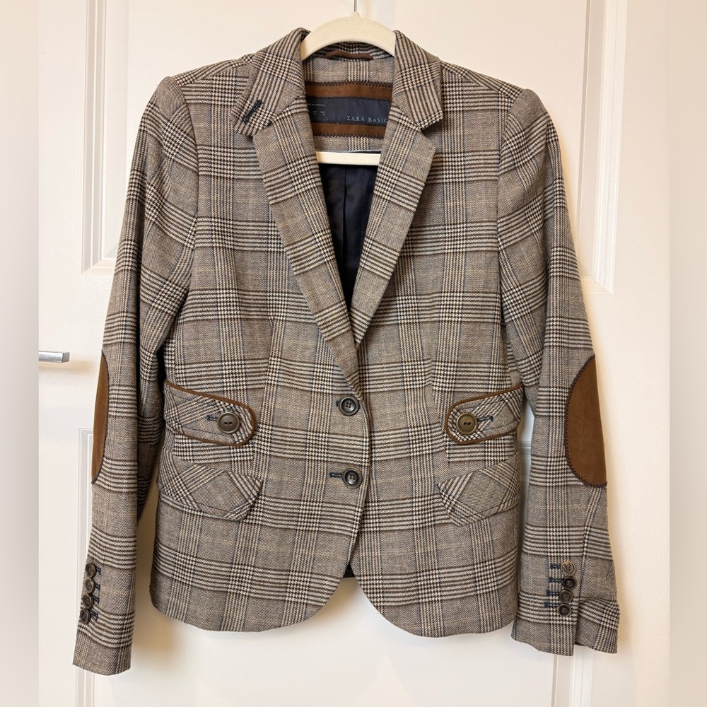 ZARA BASIC Wool Blend Plaid Blazer Faux Suede Elbow Patches Women’s M Runs Small